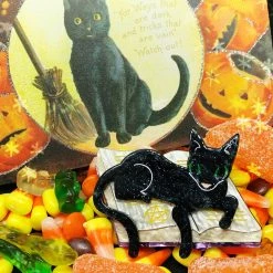 Faire Lipstick & Chrome Furmiliar Pyewacket Halloween Cat Brooch